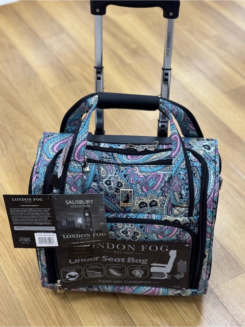 London Fog Paisley Under-Seat 15” Travel Bag in Teal, Pink, Black